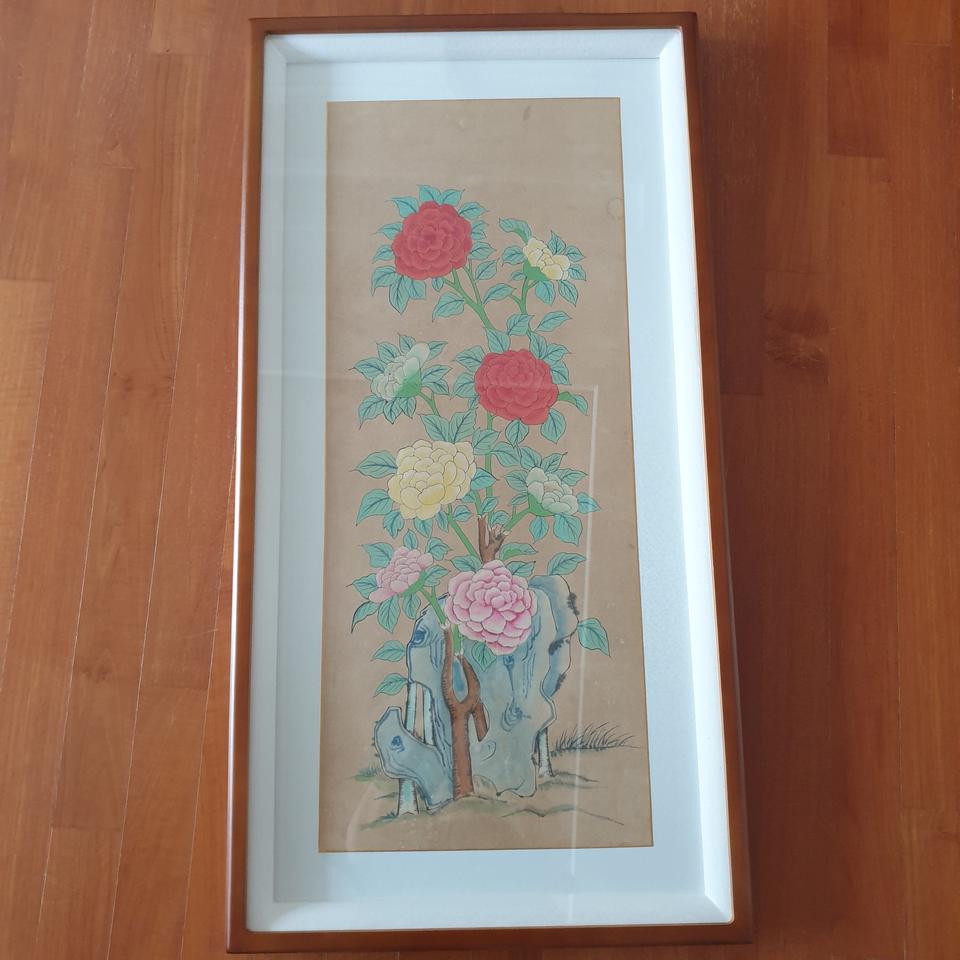 골동 민화 괴석에 목단화