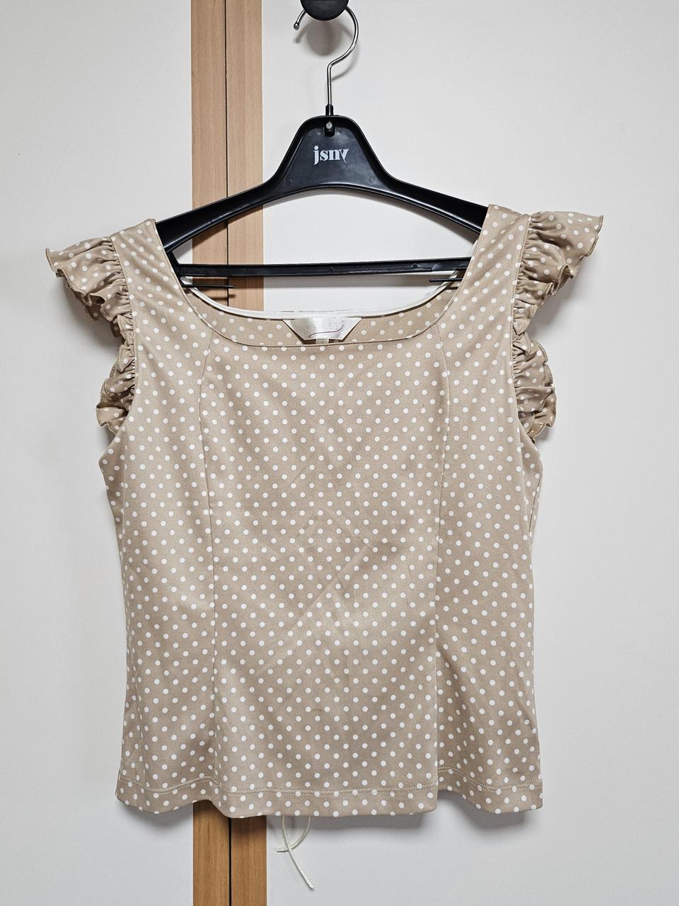 예쁜 베이지 도트 민소매 블라우스