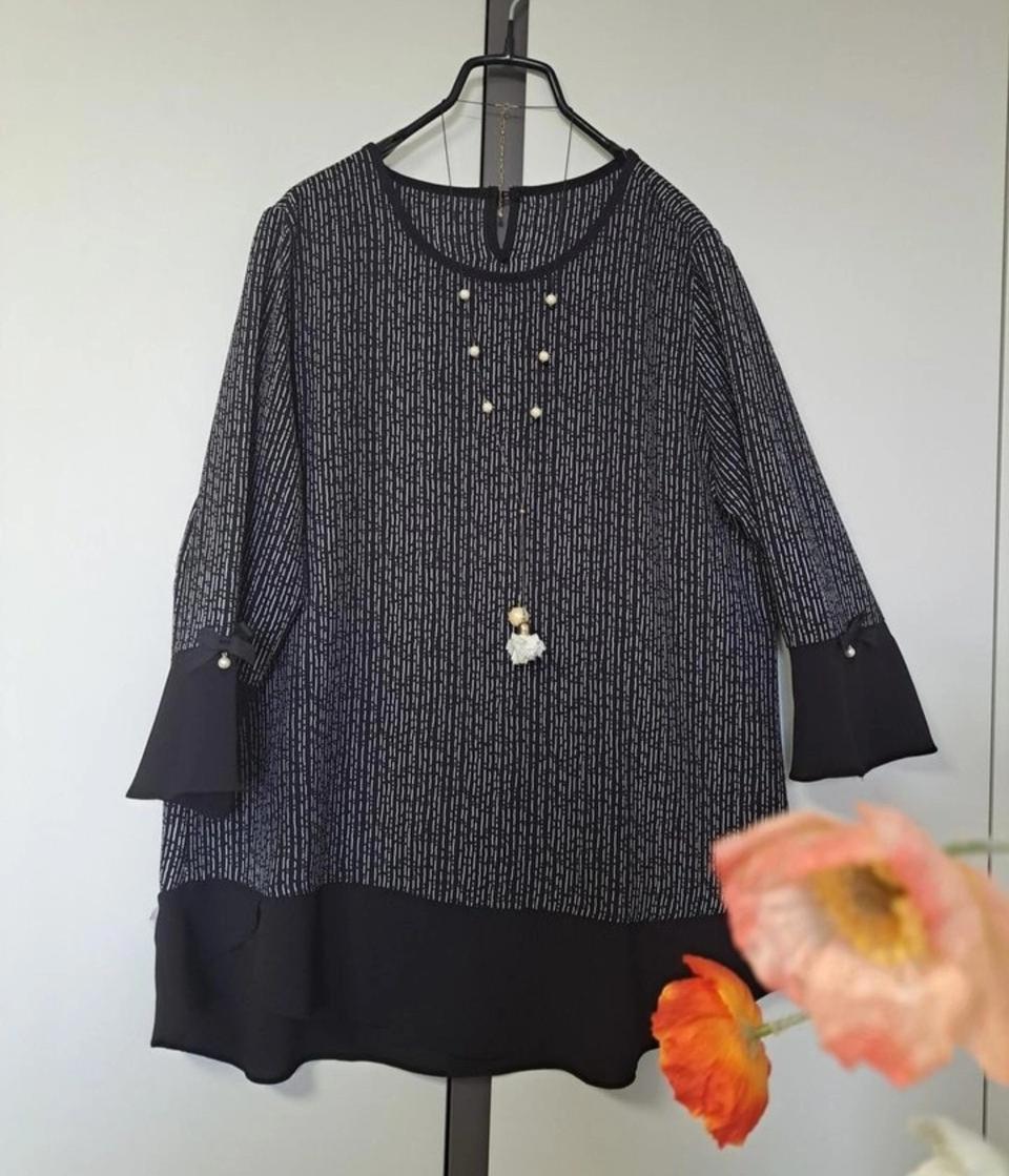 줄무늬 쉬폰배색 진주리본 블라우스55~ 66