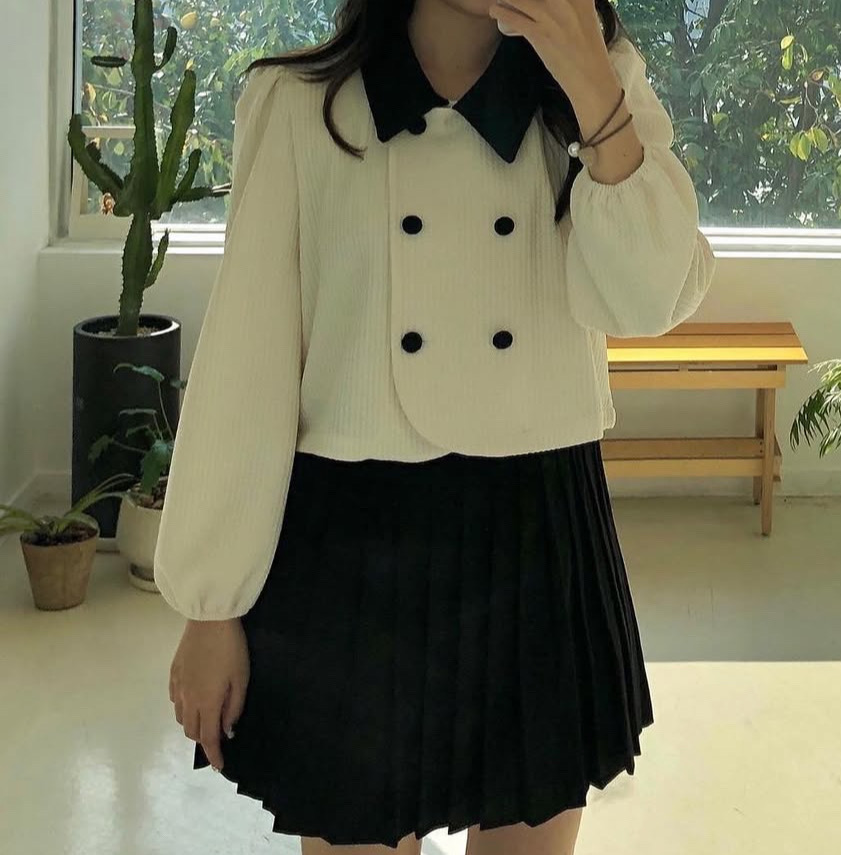 크림 아이보리 와플 블라우스