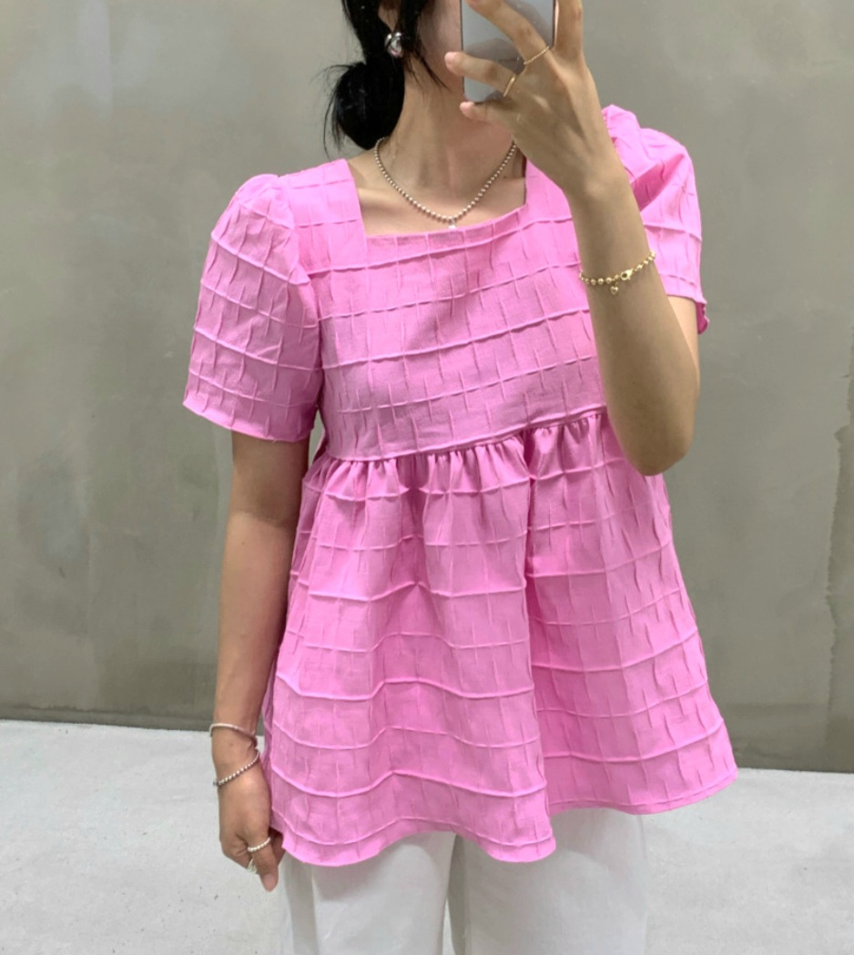 드레스유 입체 핑크 퍼프 블라우스