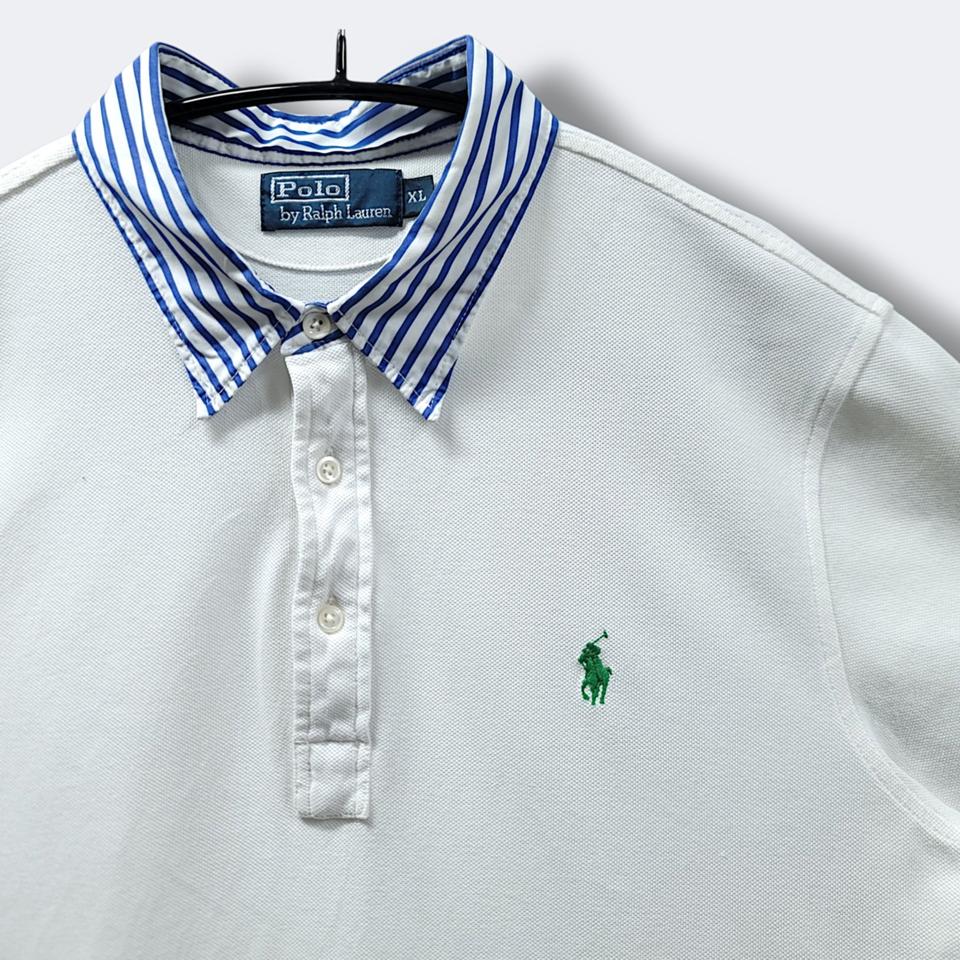 [XL] 폴로 화이트 포니그린 스트라이프카라 pk 반팔 카라티셔츠