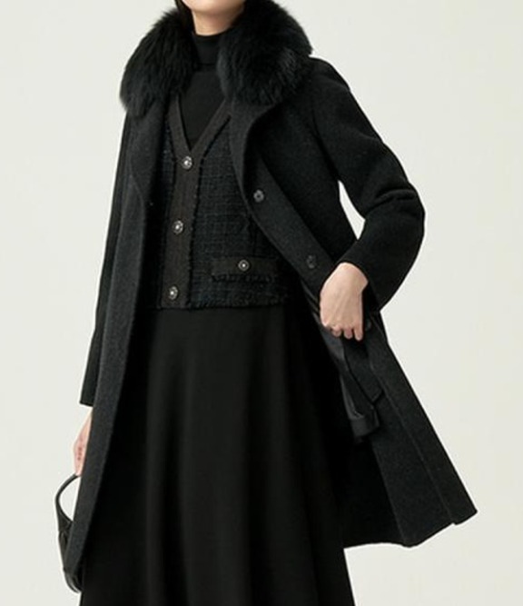 우바 고급 밍크 넥 롱 모직 알파카 울 코트 자켓 재킷