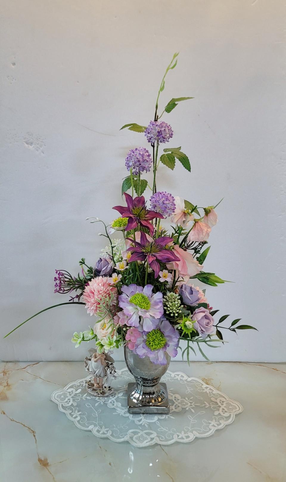 (새상품)고급 실버화병과 퍼플조화꽃세트