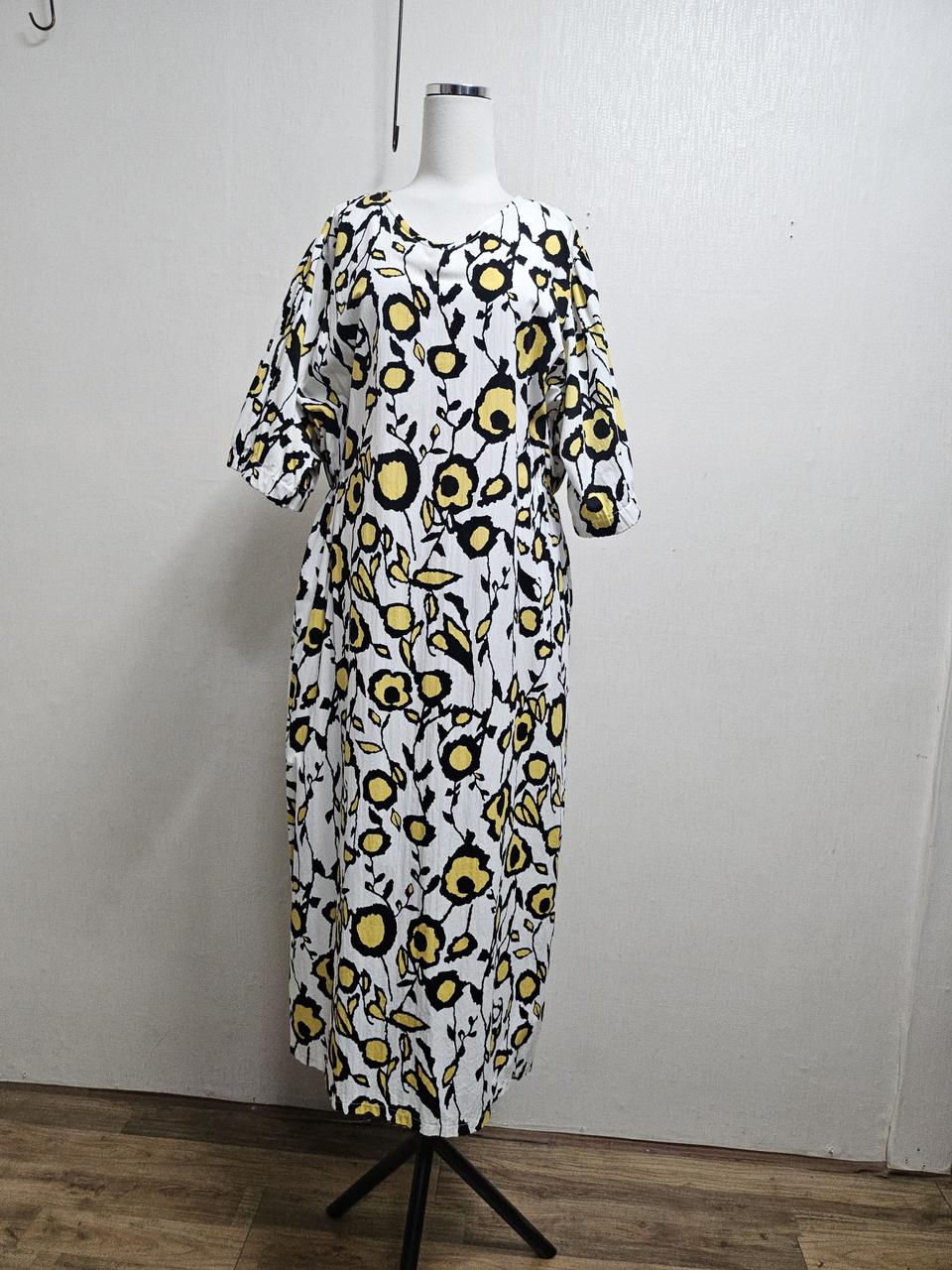 국내 노랑꽃무늬  순면플로랄 롱원피스 꽃무늬 면롱원피7788
