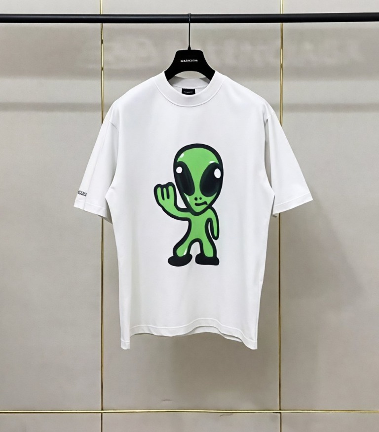 발렌시아가 남성용 여름용 프린팅 화이트 반팔 티셔츠