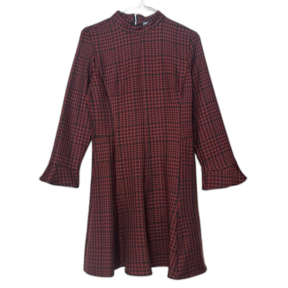 [55] zara 자라 레드 체크 긴팔 원피스