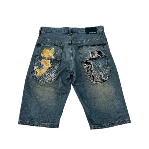 JPN 제팬 잉어 자수 오리엔탈 데님 반바지