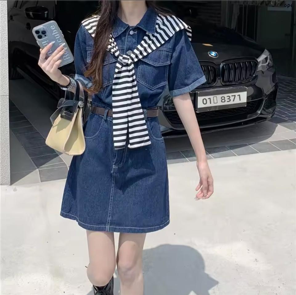 160 숄 벨트세트 데님 원피스 l