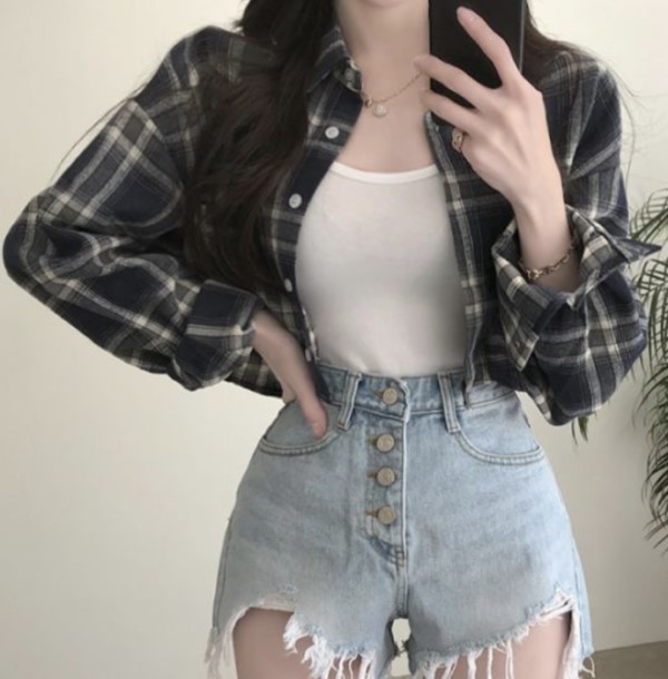 체크 크롭 남방