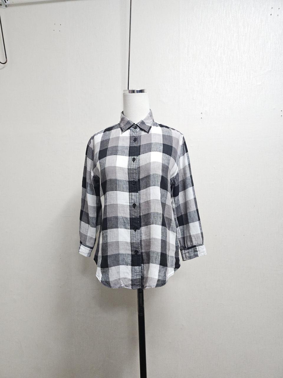 유니클로 그레이 큰체크 7부소매린넨셔츠 55까지 44반