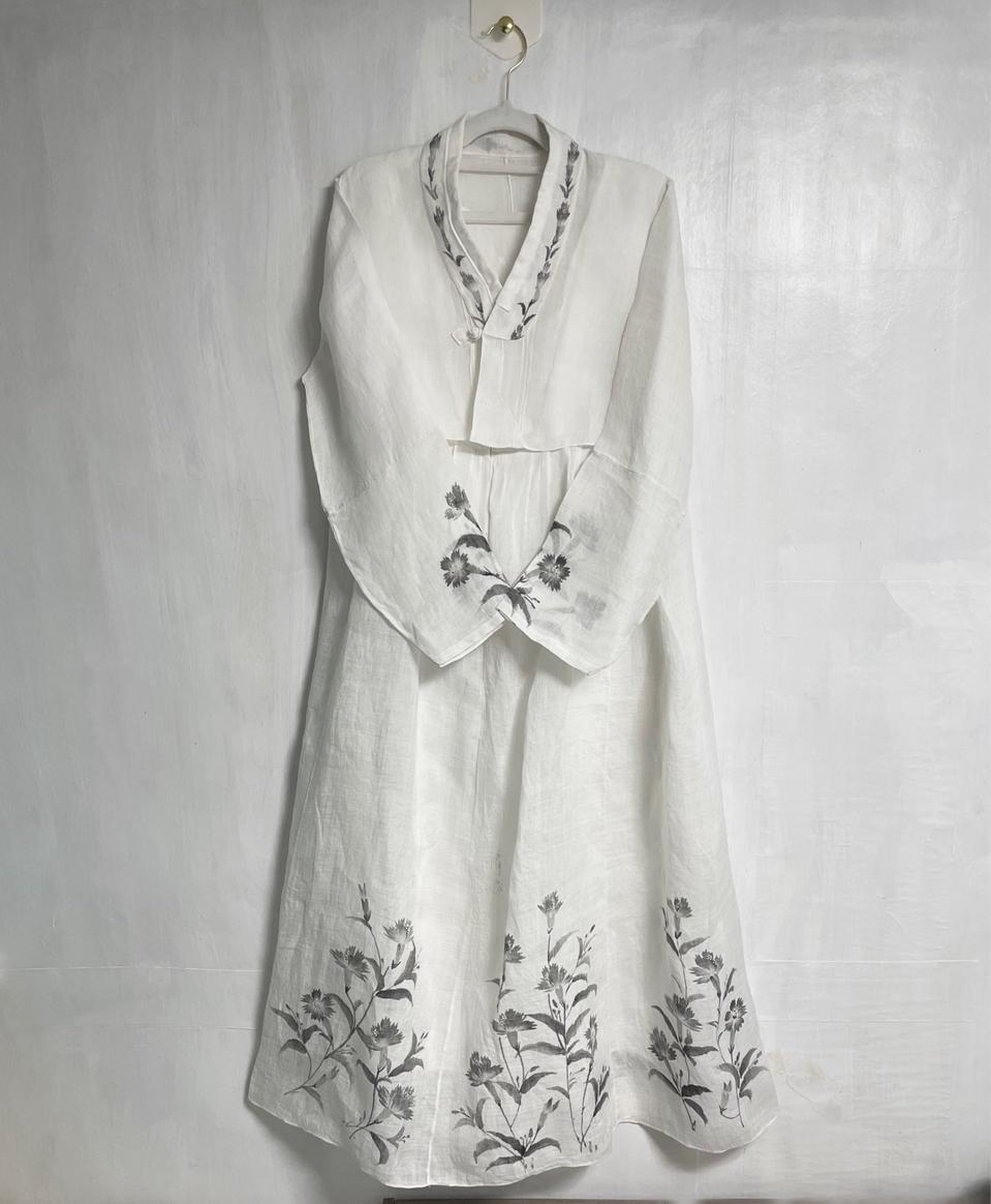 (맞춤) 수묵화 모시 저고리, 모시 원피스 세트