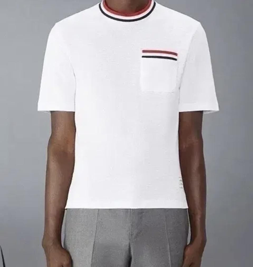 남성용 삼선 포켓 반팔 라운트 니트
