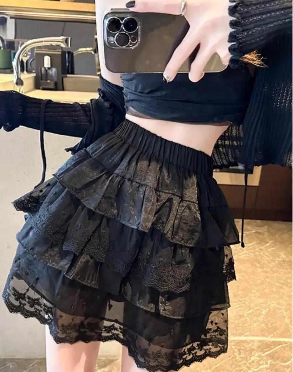 도트 레이스 캉캉 미니 스커트