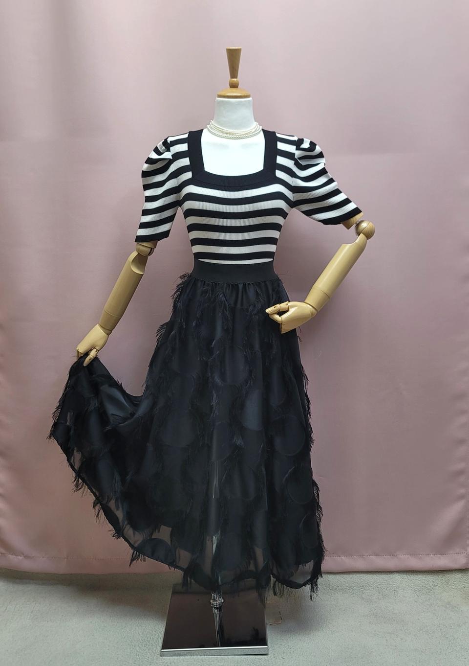 깃털 밴딩 롱스커트