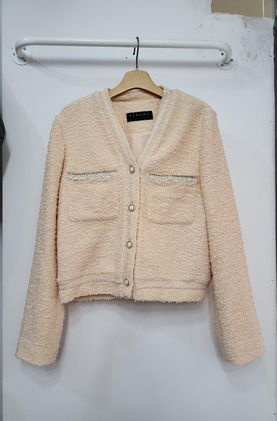 시슬리 여성 노카라 트위드 숏 자켓