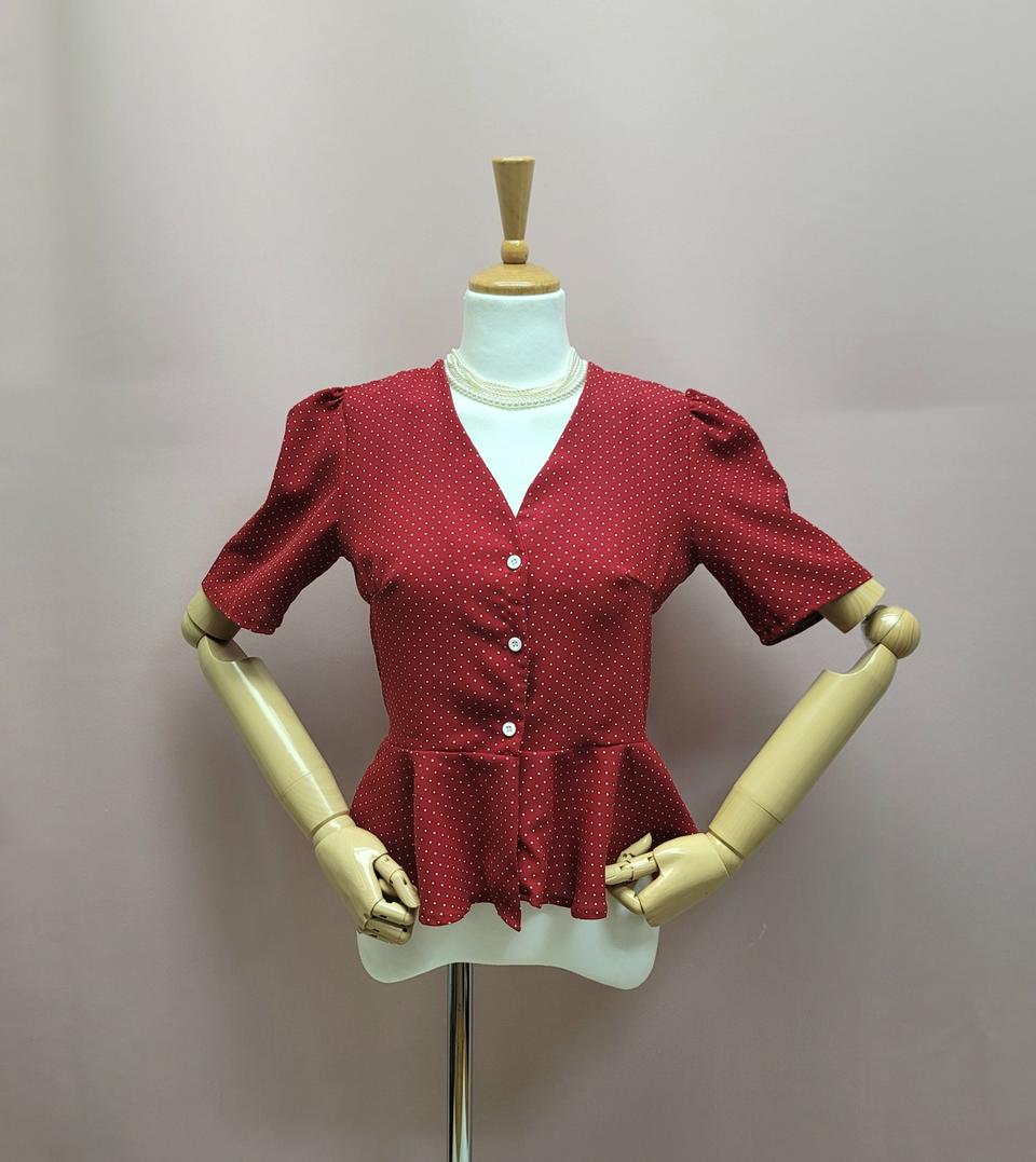 도트 퍼프 페플럼 블라우스