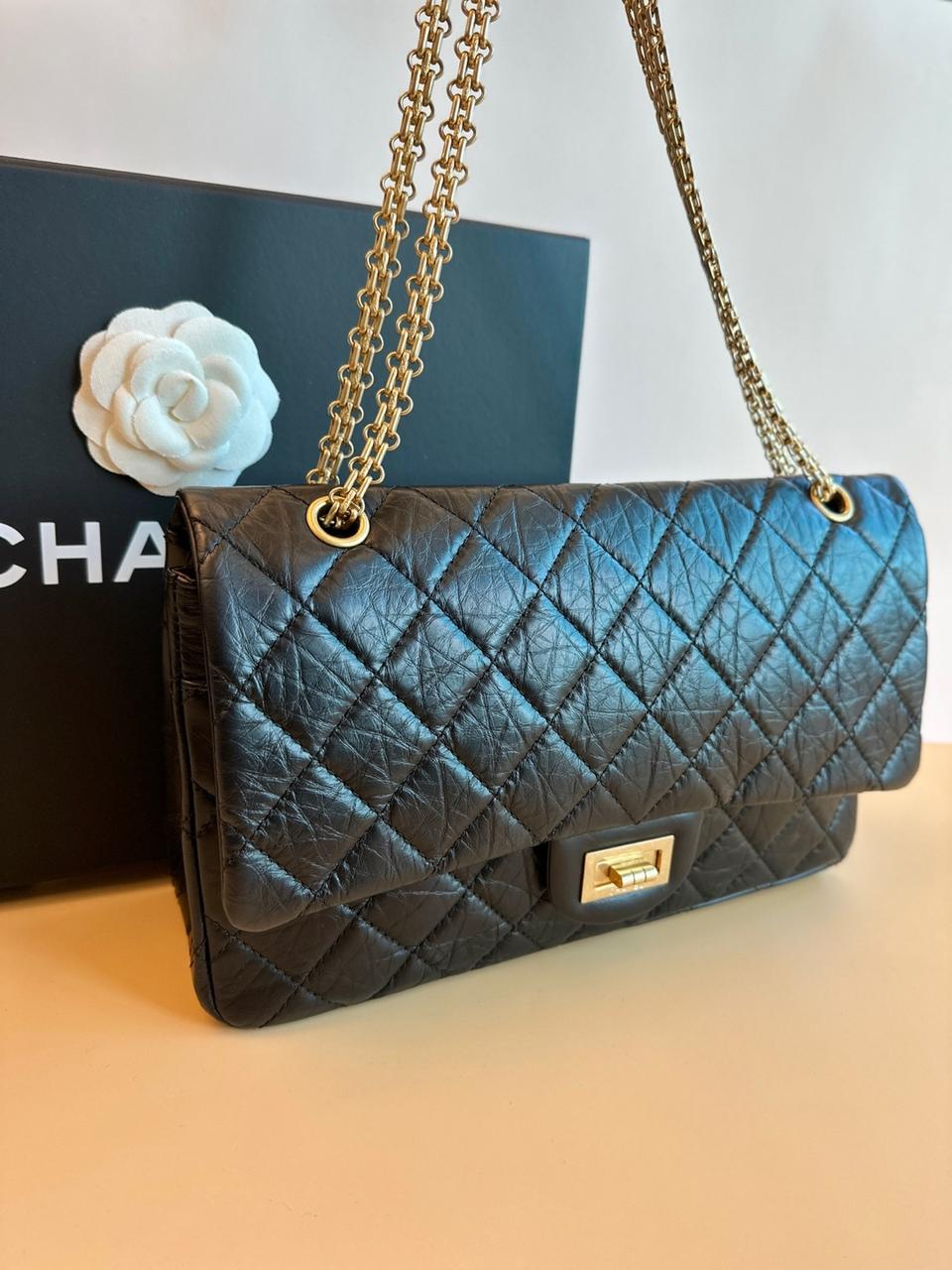 샤넬 빈티지 2.55 블랙라지 카프스킨/블랙금장/풀박/18번대