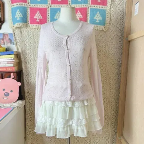 인스타 빈티지 일본 빈티지 하트 펀칭 가디건 핑크