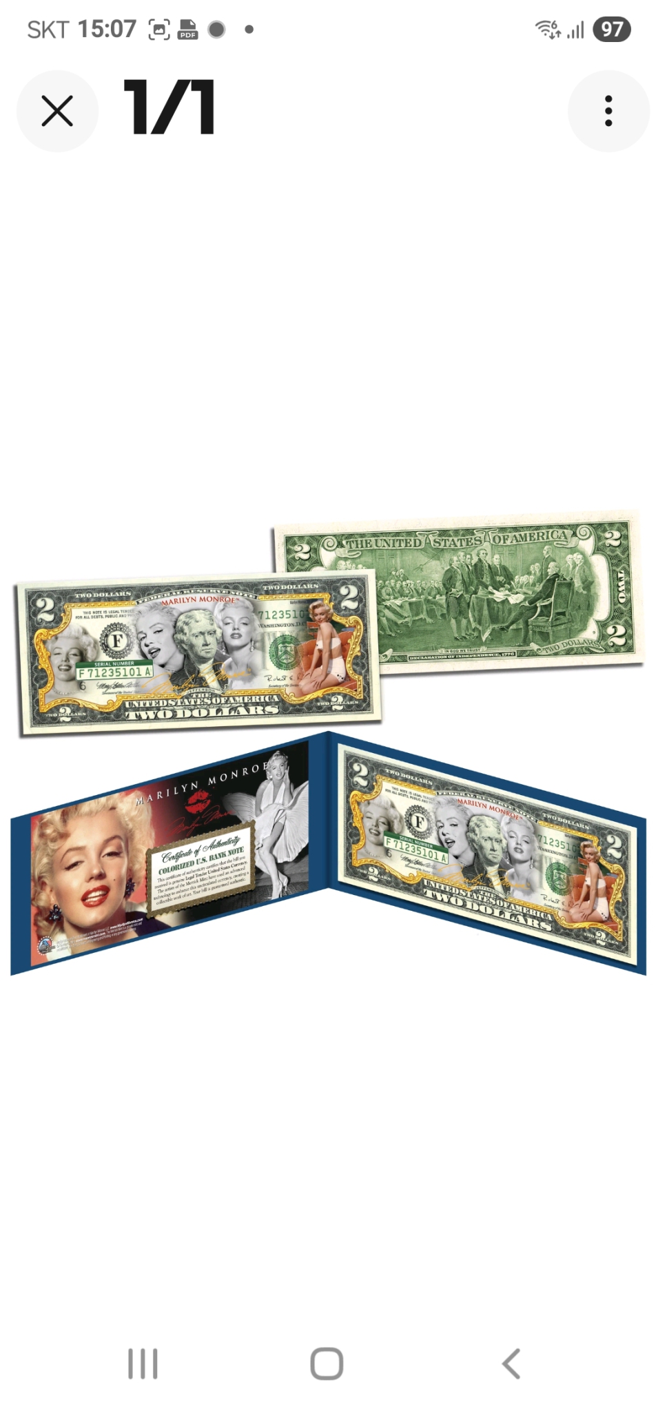 행운에2달러 칼라 기념지폐 마린먼로 친필 싸인