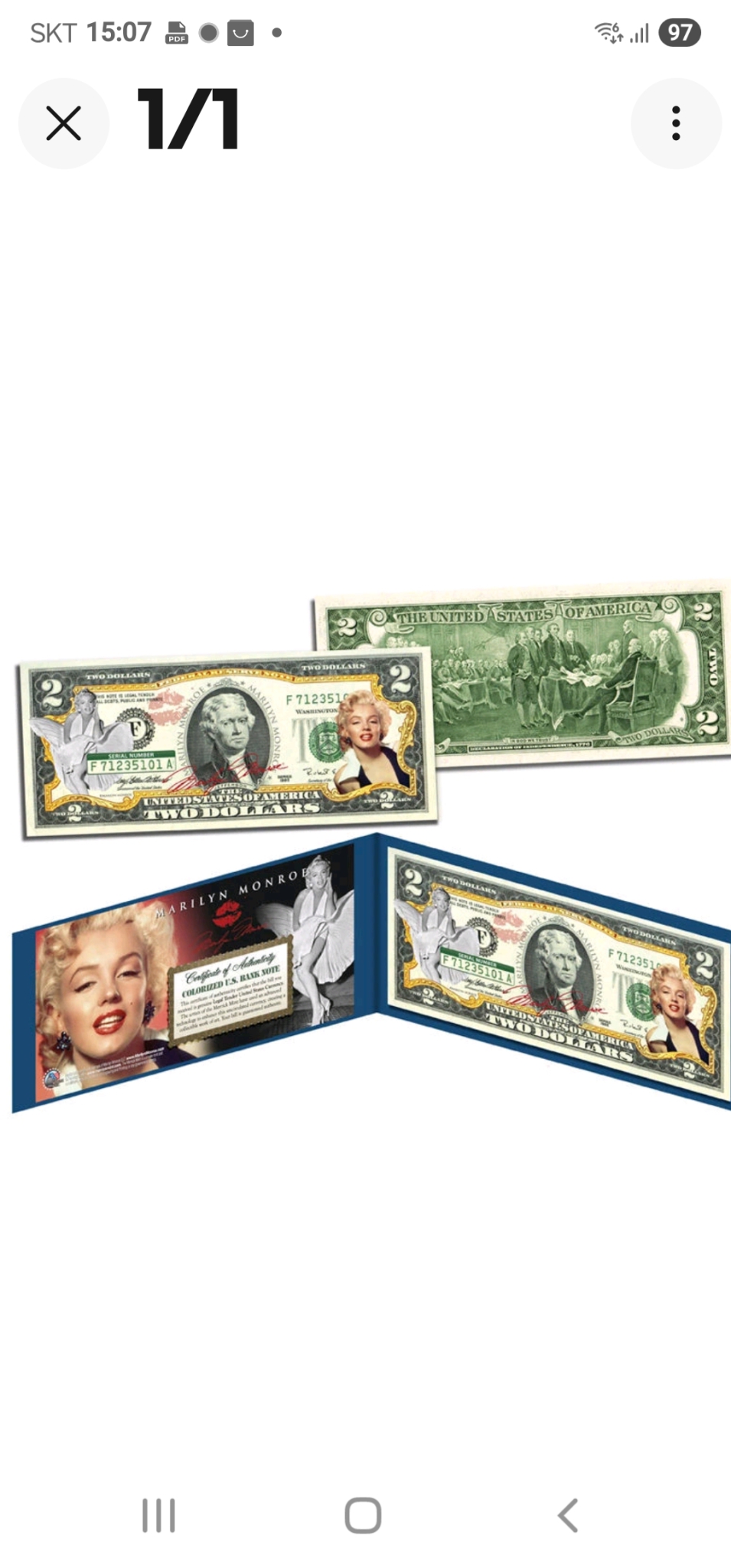 행운에2달러 칼라 기념지폐 마린먼로 친필 싸인