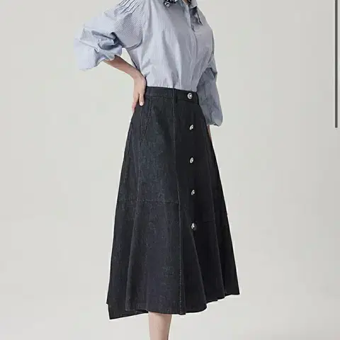 타임 버튼 데님 롱스커트