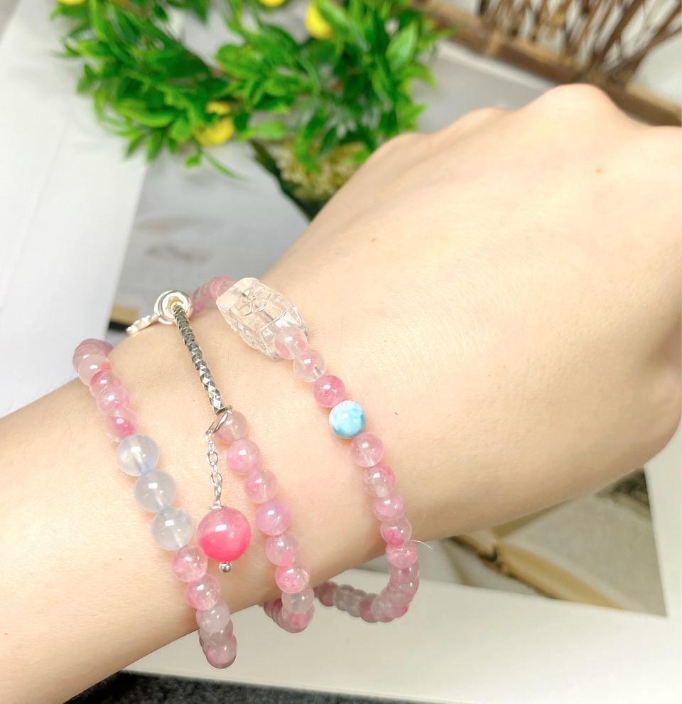 5A 천연 로도나이트 라리마 백수정 어쿠아마린 3줄팔찌경 목걸이