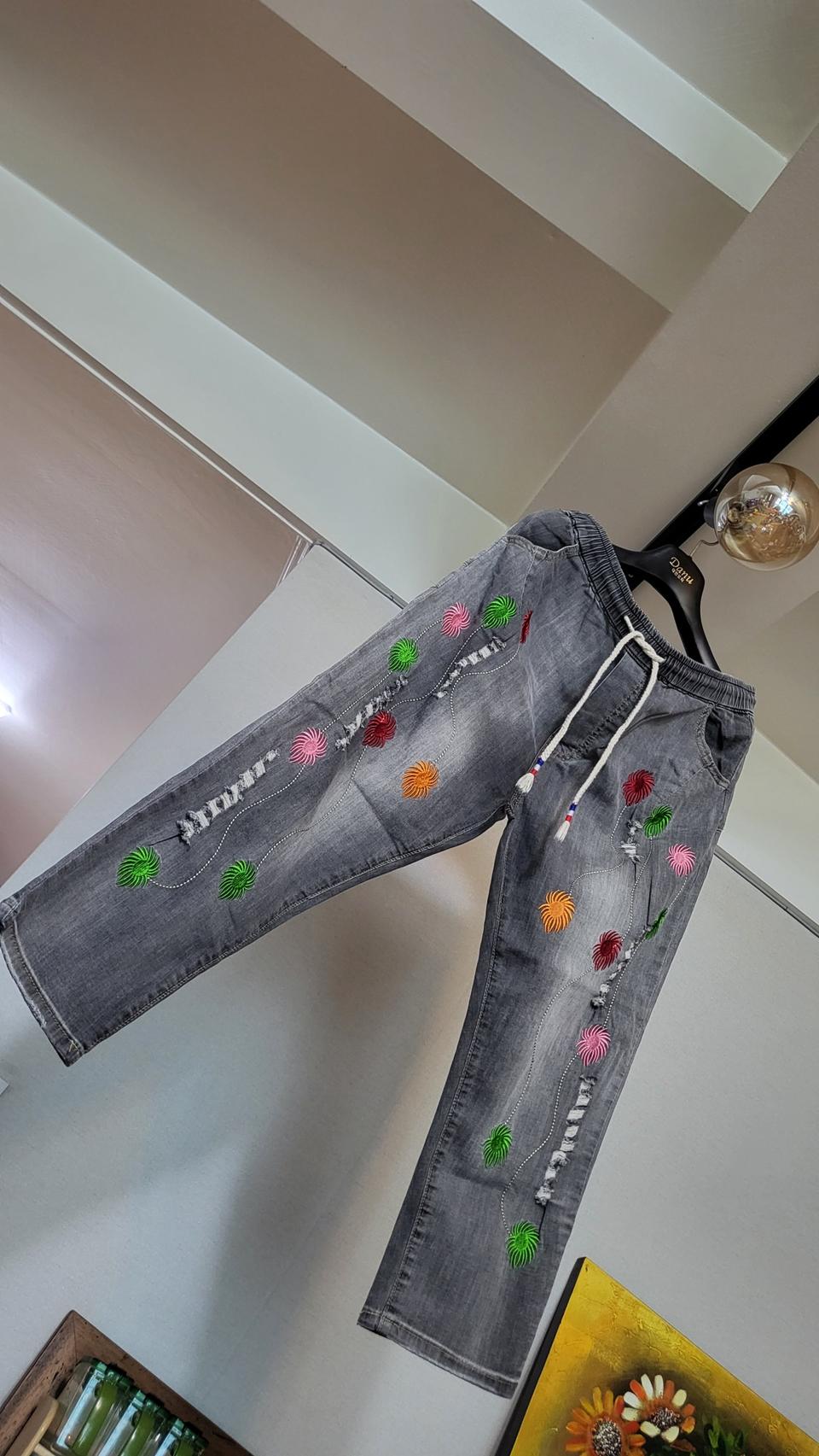 꽃무늬  자수 배기 밴드 스판 청바지 L