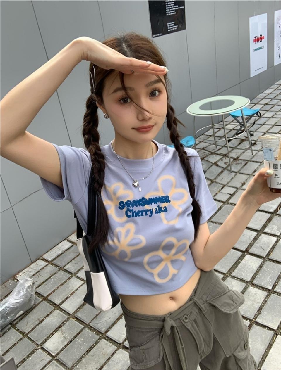 168 나염 플라워 프린팅 크롭 반팔티