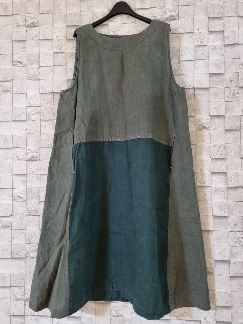 카키배색 민소매 린넨 원피스