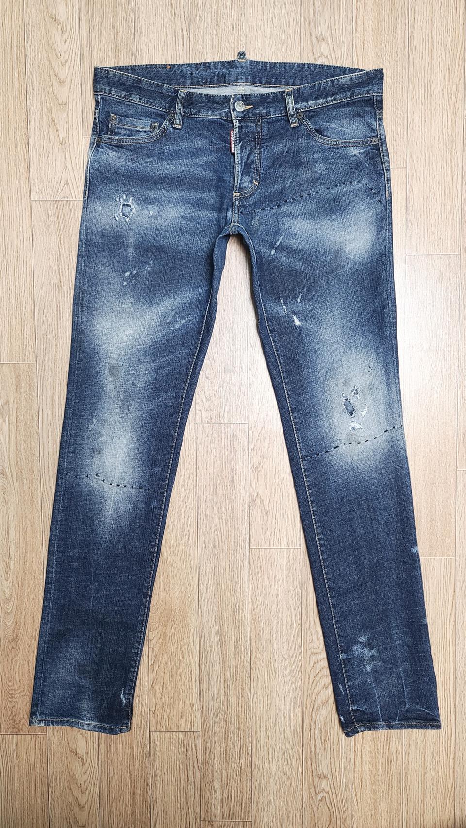 정품 디스퀘어드 블랙스티치 레더패치진 청바지 50