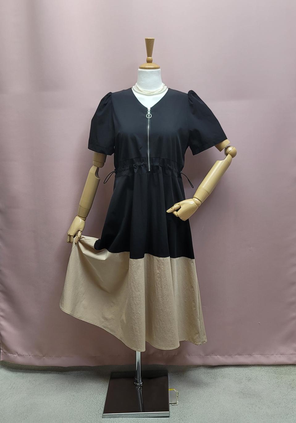 바스락 스판 배색 반집업 스트링 롱원피스