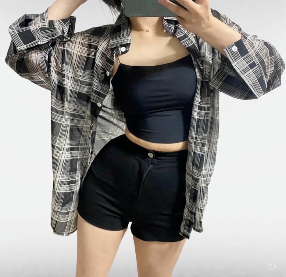 로엘라 루즈핏 시스루 체크 블라우스