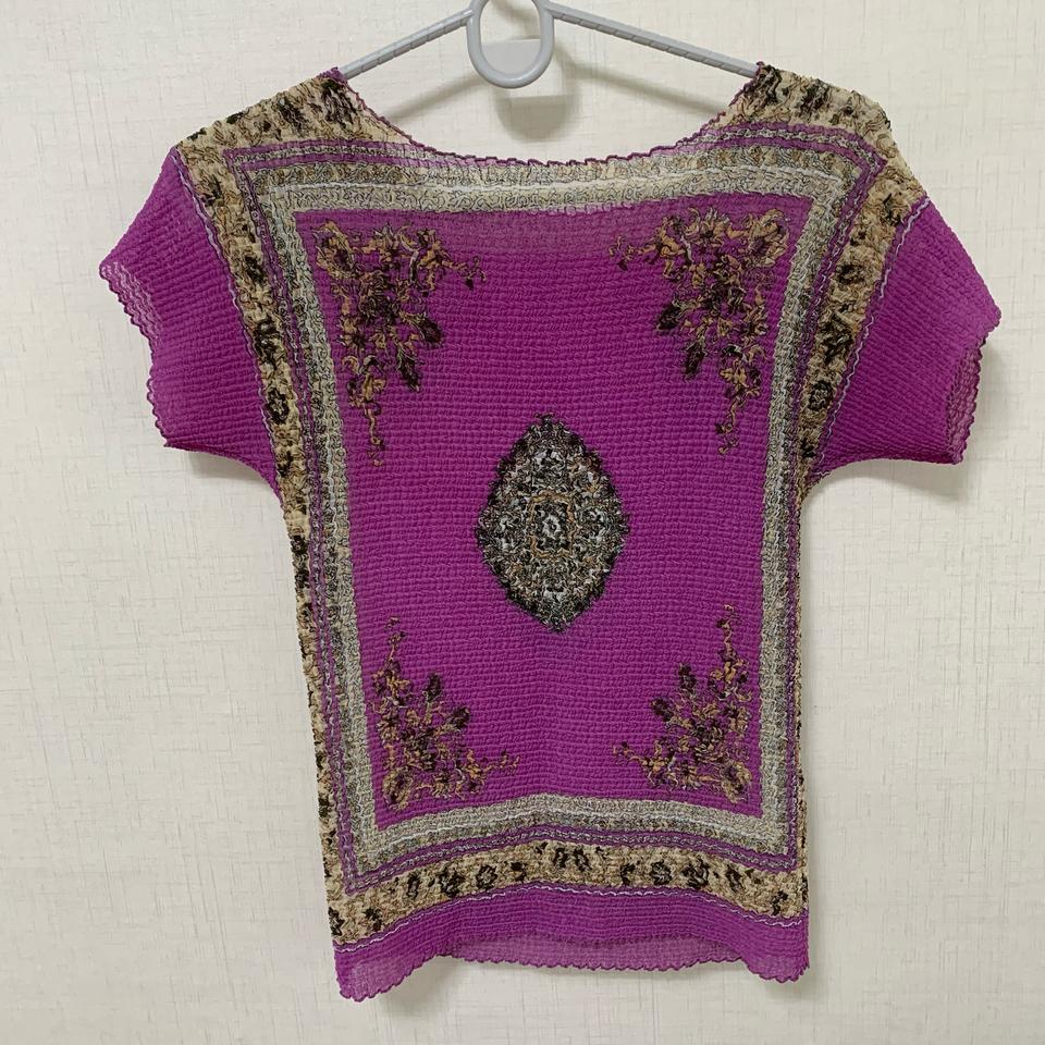 반팔 플리츠 블라우스 럭셔리 퍼플