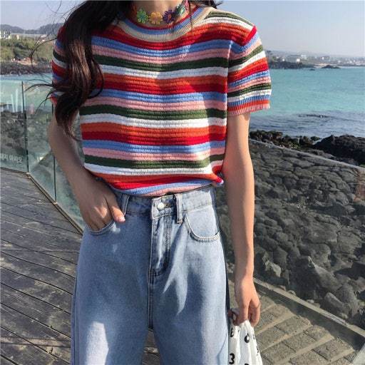 문복희 착용, 새상품) 레인보우 스트라이프 반팔 니트 티셔츠