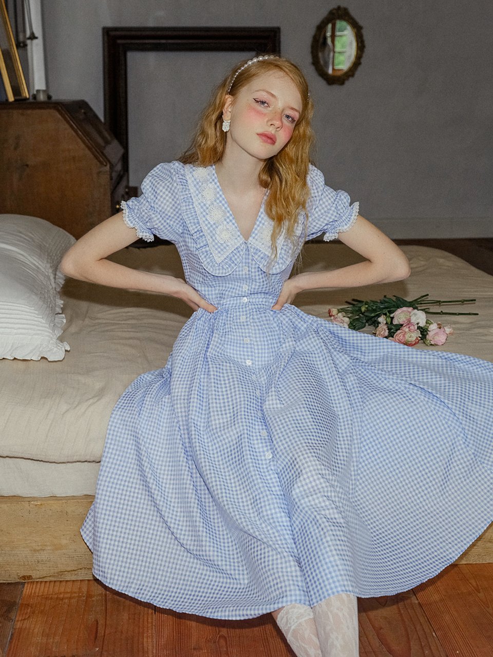 쎄뮤아듀 alice blue checkered flare dress