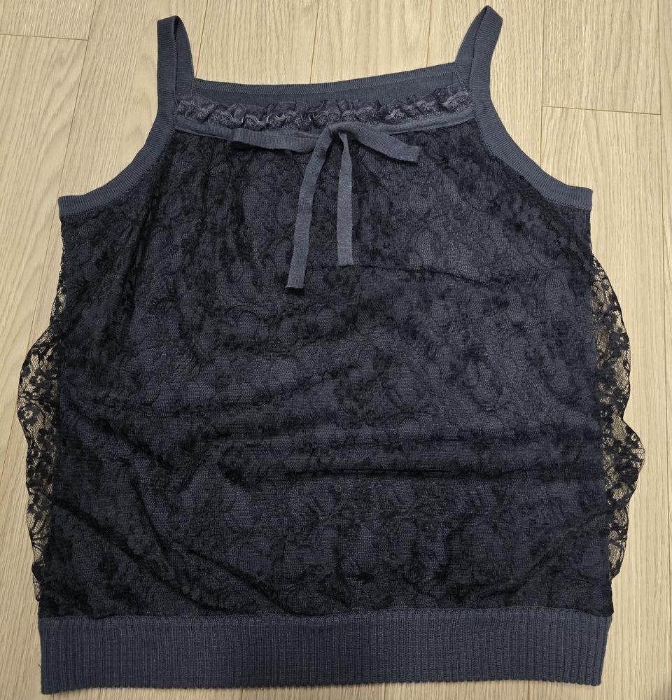 여성 네이비색 레이스 니트 나시 민소매 리본