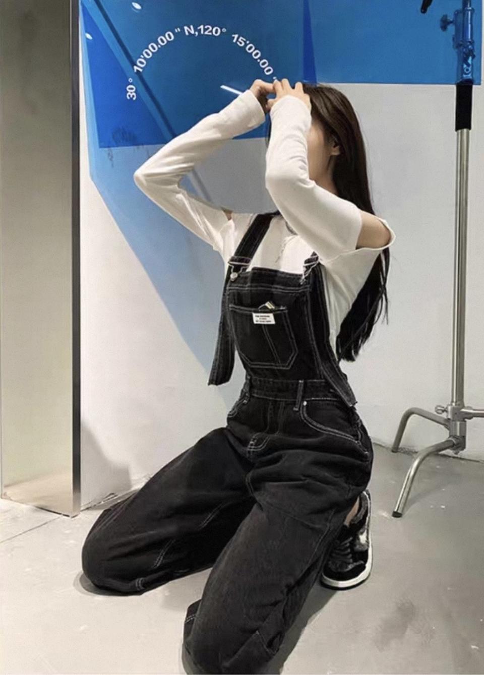 블랙 데님 멜빵 바지 Free