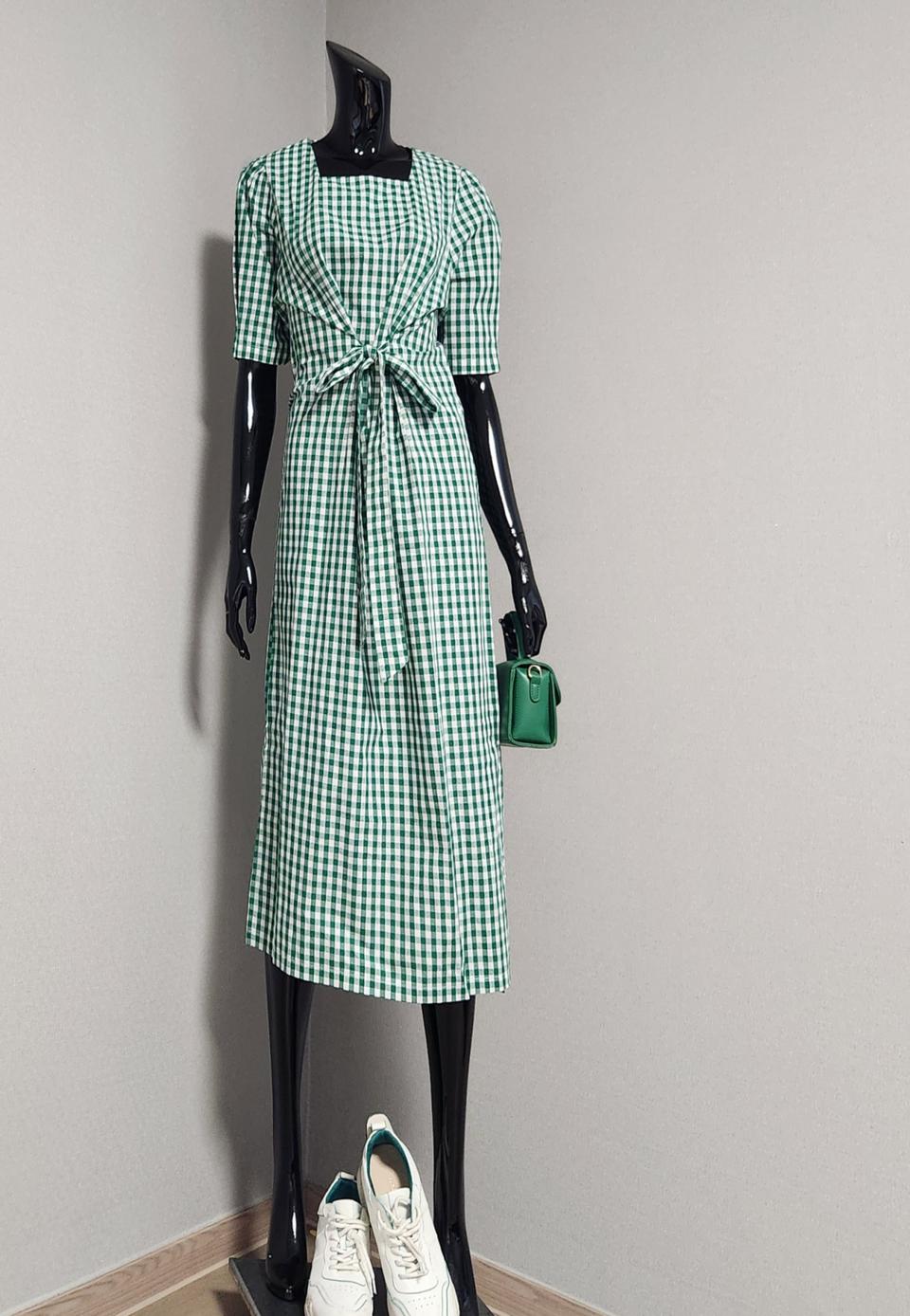 그린 깅엄체크 원피스