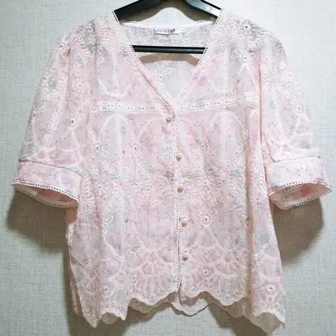 (새상품 66사이즈) 레이스 브이넥 반팔 블라우스,예쁜 여성 여름 시스루