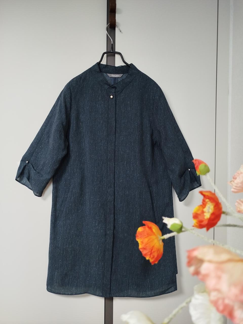 55 66올리비아 로렌 헨리넥 숨은단추 자켓형 롱 블라우스