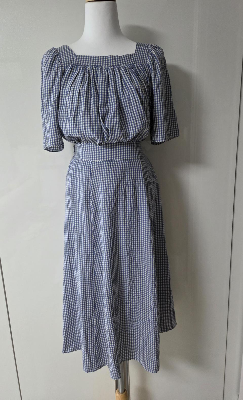 체크 투피스 블라우스 롱스커트