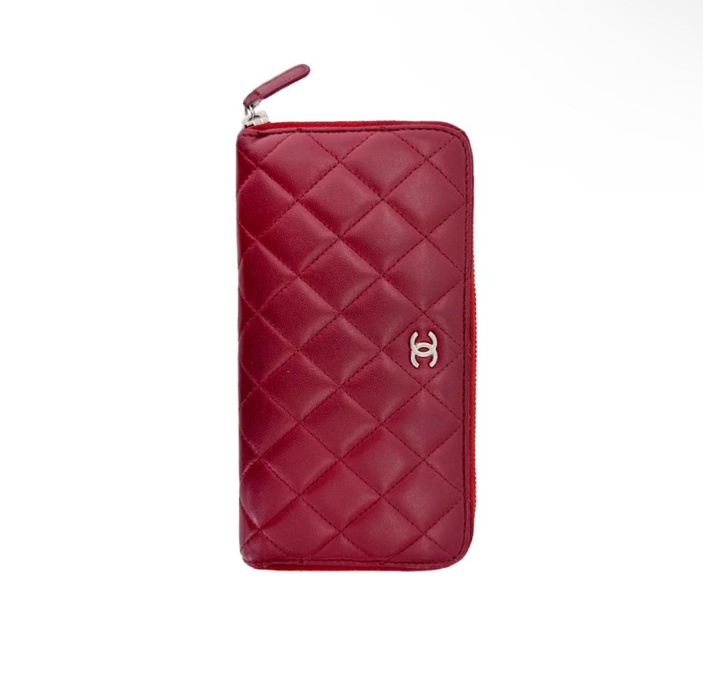 [OS] 샤넬 여성 CC로고 은장 램스킨 퀄팅 레더 지퍼 장지갑 레드