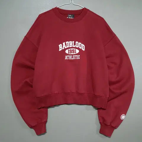 S) 배드블러드 아치 로고 플리스 숏 맨투맨 기모 오버핏 스웻셔츠 버건디