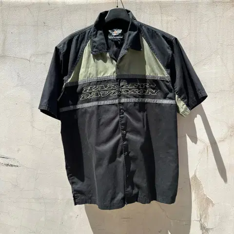 할리데이비슨 해골 자수 블랙 카키 반팔셔츠 L