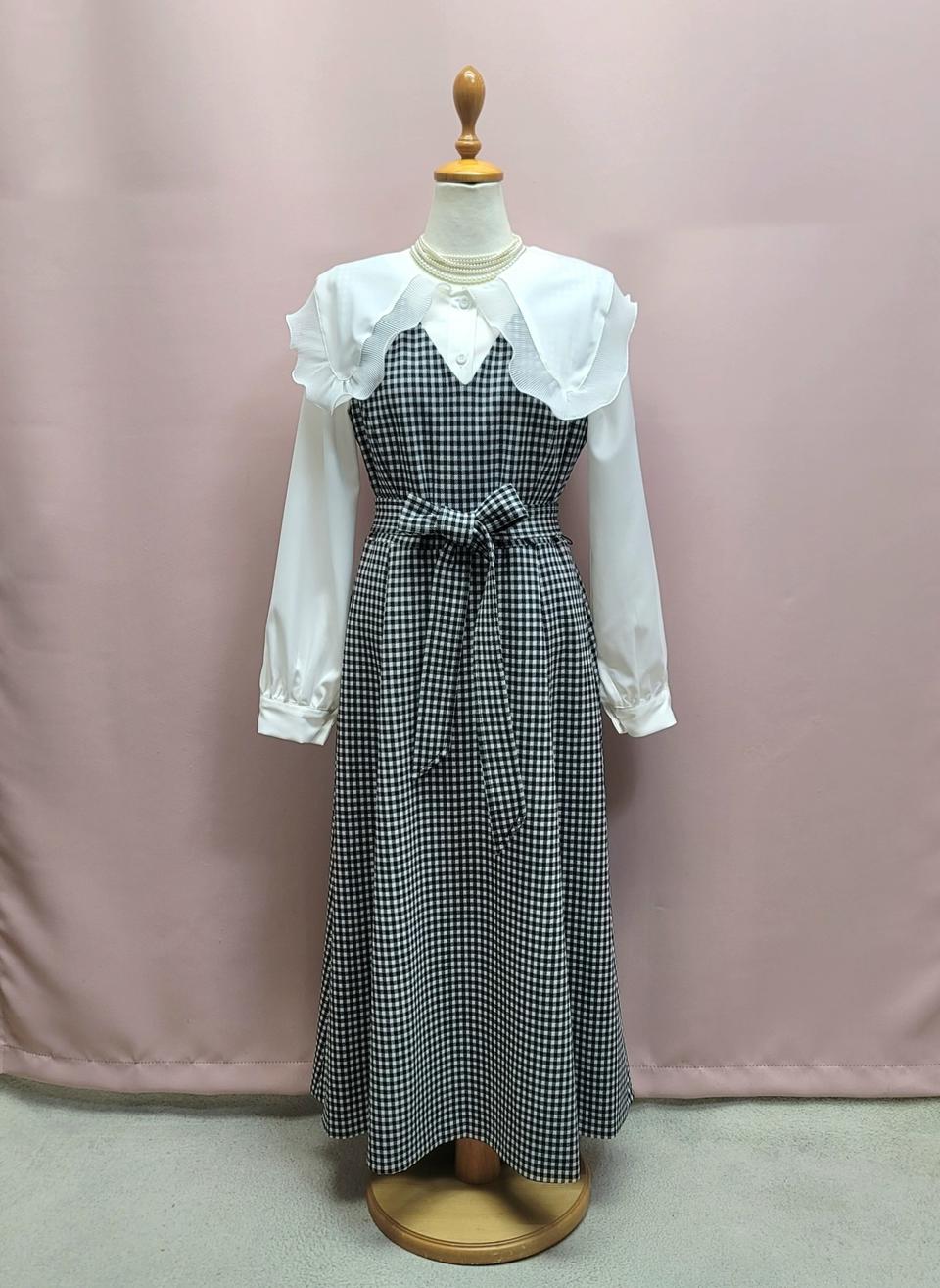 캘빈클라인 체크 플레어 롱원피스 제천끈 세트