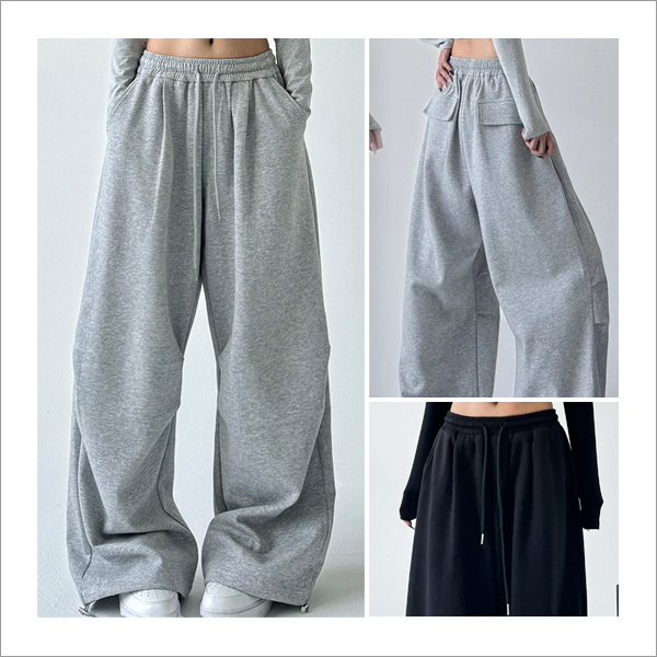 메일럭 핀턱 허리밴딩 밑단 스트링 와일드핏&조거 변환 여성 트레이닝 팬츠