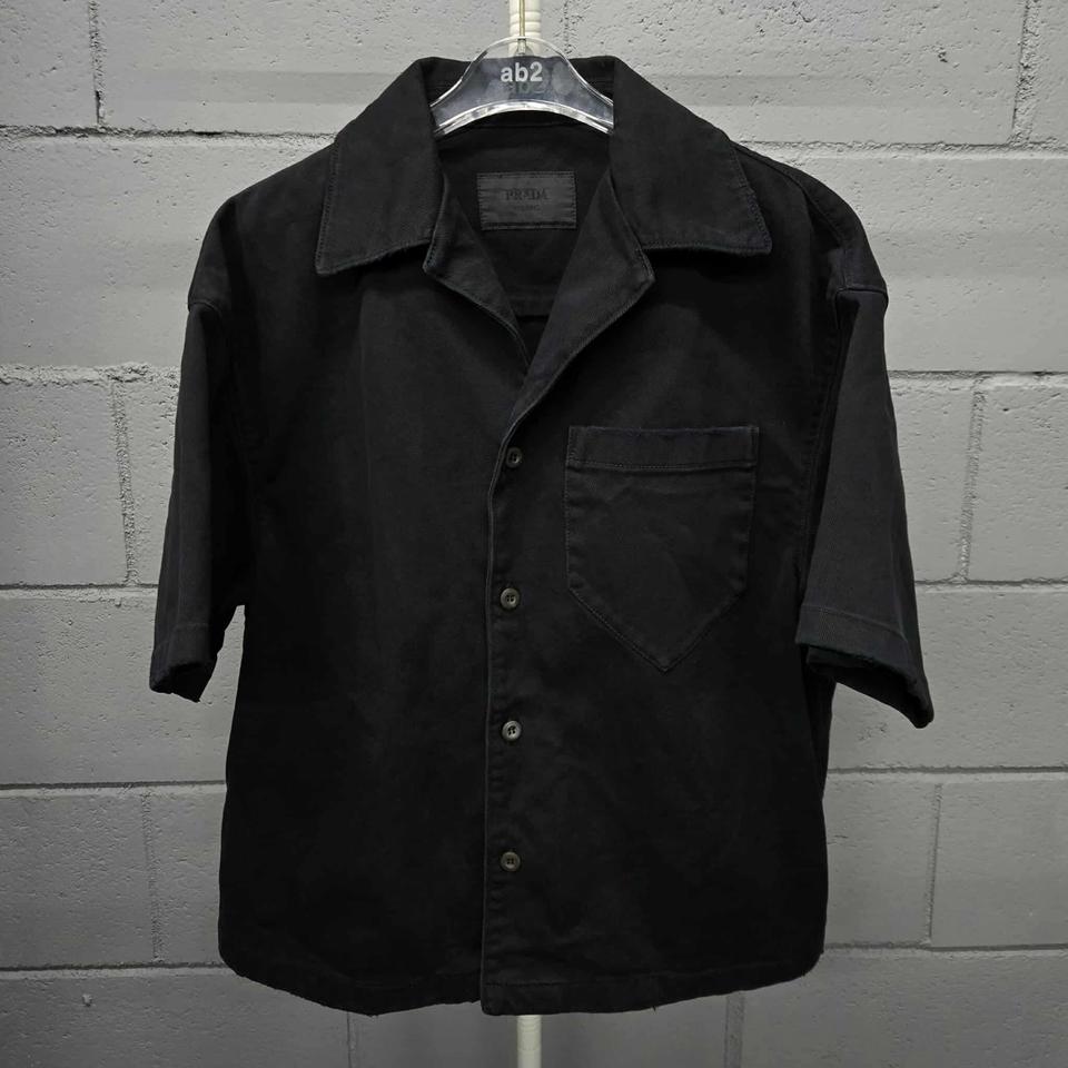 [오버핏M사이즈]프라다 엠보 백 삼각로고 데님 반팔 셔츠 자켓