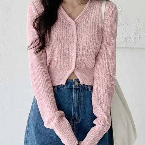 여름 써머 그물 시스루 크롭 파스텔 니트 간절기 부클 브이넥가디건 연핑크