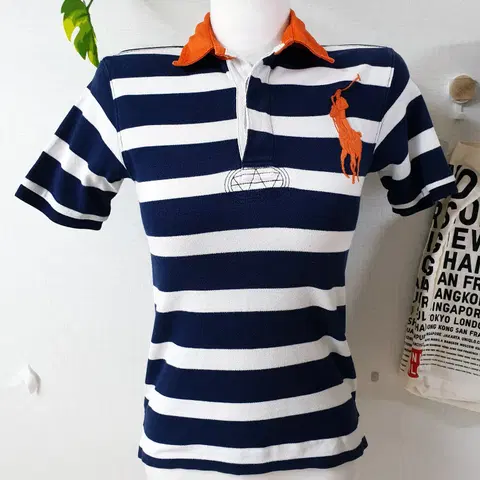 POLO랄프로렌 빅로고 여성피케티 44 55 반팔 네이비줄무늬 S